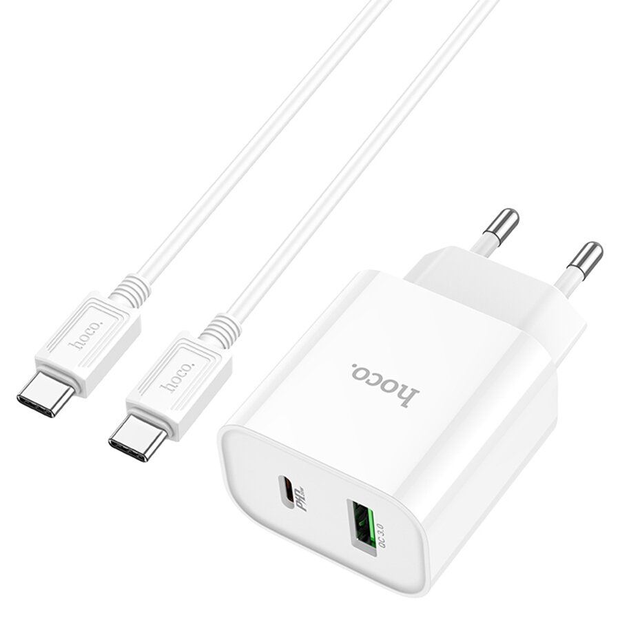 Сетевое зарядное устройство HOCO C80A Plus 1xUSB + 1xUSB-C с Кабелем Type-C - Type-C, 3.1A, 20W, белый — фото 1