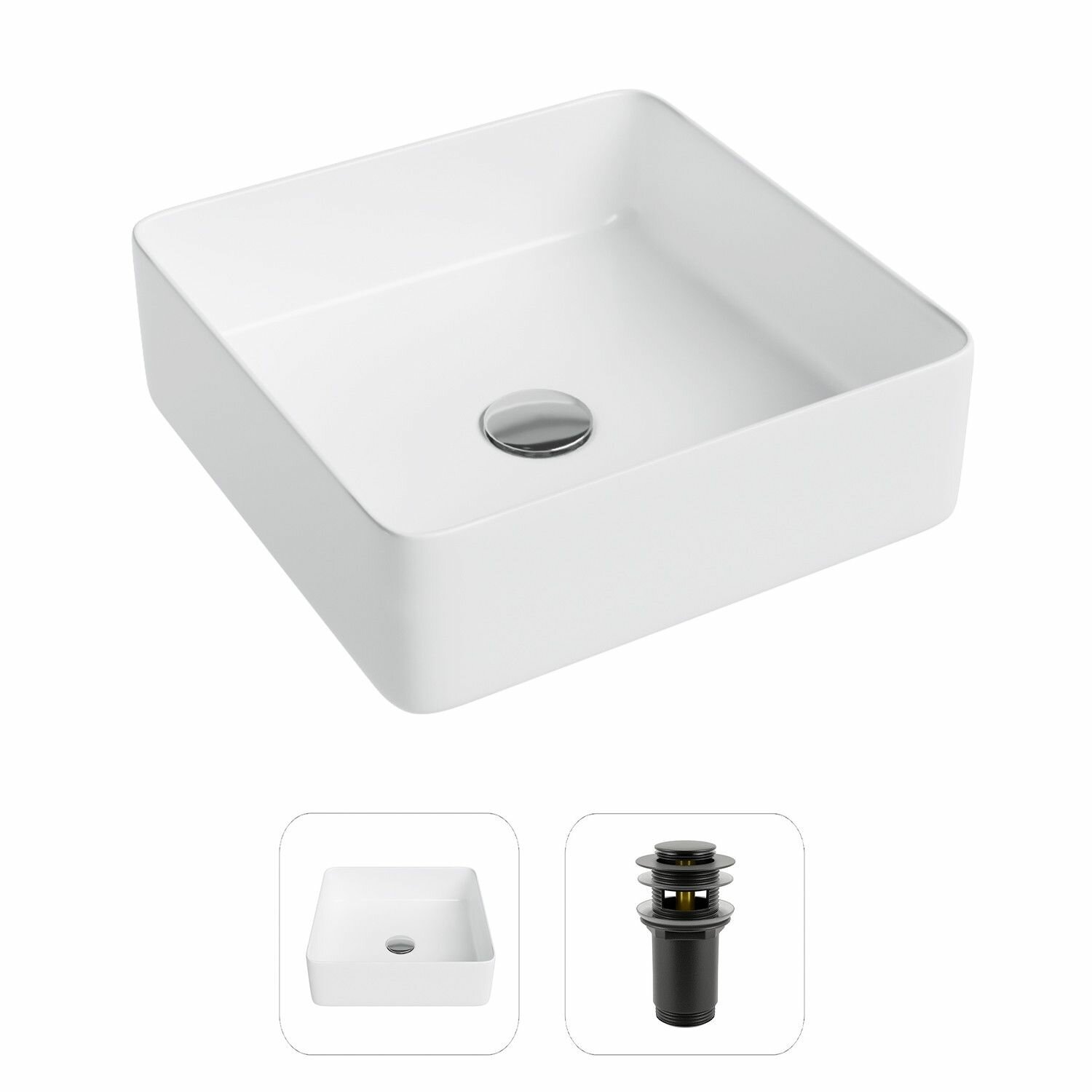 Накладная раковина в ванную Helmken 48837000 комплект 2 в 1: умывальник квадратный 37 см, донный клапан click-clack в цвете черный, гарантия 25 лет