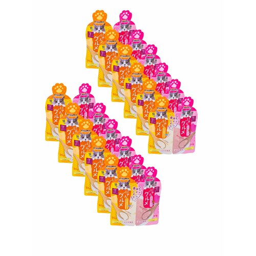 Корм для кошек влажный Japan Premium Pet №1 Тунцовое пюре в нежном соусе с тихоокеанской сардиной / №2 Мясное пюре в нежном соусе с икрой японского тунца и сыром для кошек-гурманов, 12 уп х 60 г