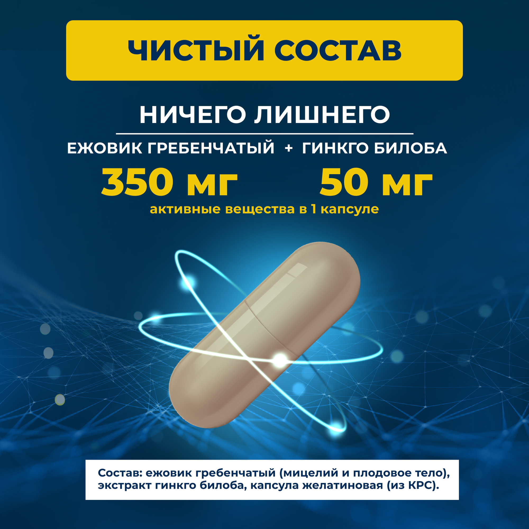Изображение Гриб ежовик гребенчатый (мицелий) + гинкго билоба 120 капсул по 0.5 г./ нейрокомплекс, иммуностимулятор