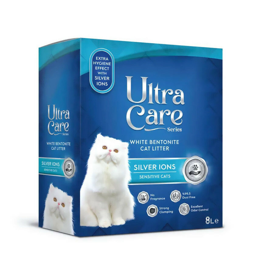 Ultra Care Silver Ions Sensitive 7кг гипоаллергенный комкующийся наполнитель для кошачьего туалета с ионами серебра, в двойном картоне 7 кг