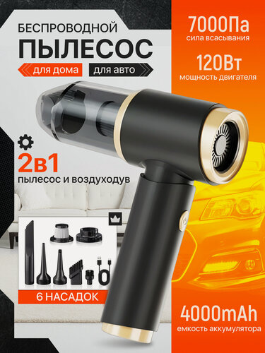 Изображение товара Пылесос автомобильный беспроводной мощный, Пылесос для дома, воздуходувка. Мини пылесос, 8 насадок.