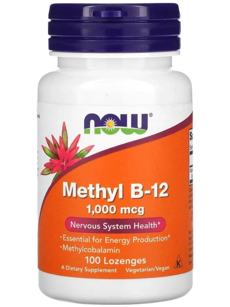 Пастилки NOW Methyl B-12, 1000 мкг, для нервной системы, укрепление иммунитета, США фото