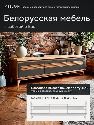 Изображение товара Тумба под ТВ массив дуба в стиле Лофт, серия Уоллстрит, бейц-масло, антрацит