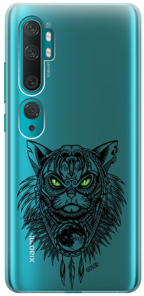 Ультратонкий силиконовый чехол-накладка Transparent для Xiaomi Mi Note 10 / Note 10 Pro с 3D принтом "Shaman Cat"