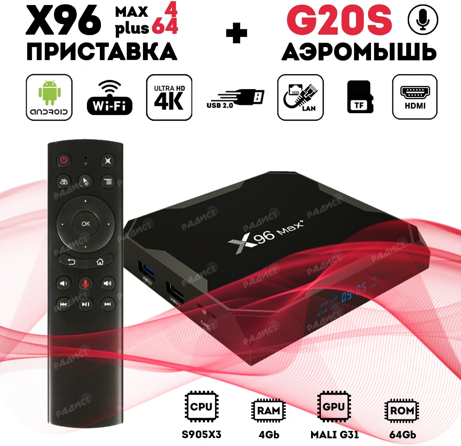 Андроид Смарт ТВ приставка X96 Max Plus 4/64 ГБ Android 9.0 + Пульт c голосовым управлением G20 Air Mouse