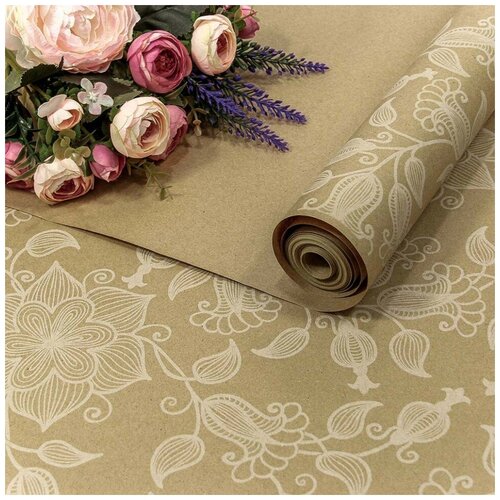 фото Упаковочная бумага, крафт 70гр (0,7*10 м) экошик, вьюнок полевой, белый, 1 шт. дон баллон