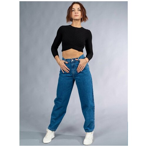 фото Джинсы мом rubicon jeans, прилегающие, завышенная посадка, стрейч, размер 40, голубой