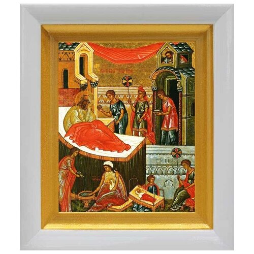 Рождество Пресвятой Богородицы, XV-XVI вв, икона в белом киоте 14,5*16,5 см рождество пресвятой богородицы xv xvi вв икона на доске 13 16 5 см