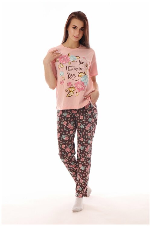 Комплект HOME STYLE, футболка, брюки, короткий рукав, карманы, размер 52, розовый, коричневый