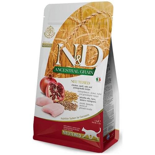 Корм сухой Farmina N&D Ancestral Grain Cat Chicken & Pomegranate Neutered Adult, для стерилизованных кошек, низкозерновой, с курицей и гранатом, 300г