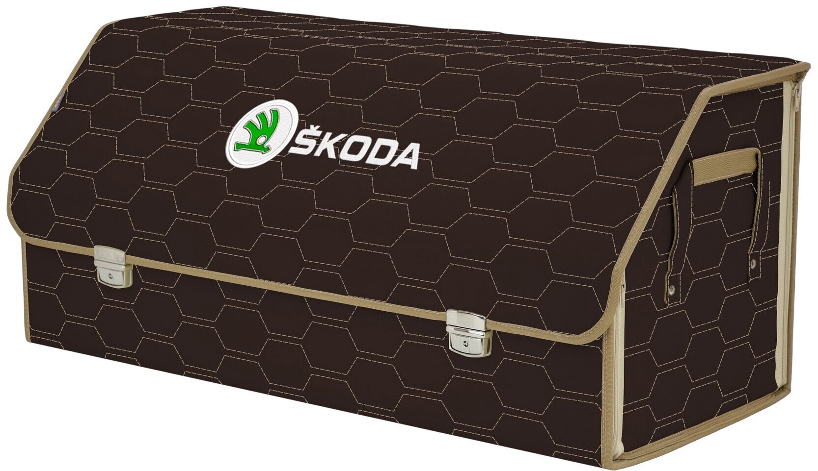 Органайзер-саквояж в багажник "Союз Премиум" (размер XXL). Цвет: коричневый с бежевой прострочкой Соты и вышивкой Skoda (Шкода).