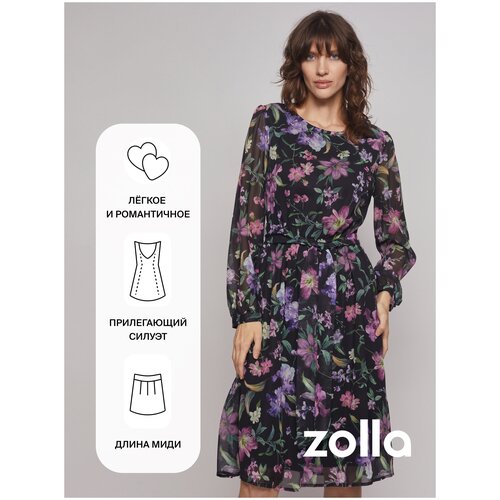 фото Платье zolla, шифон, в классическом стиле, прилегающее, макси, подкладка, размер xs, черный
