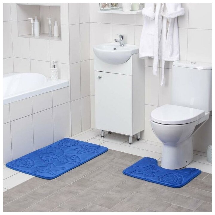 Набор ковриков для ванны и туалета Доляна "Ракушки", объемные, 2 шт: 40*50, 50*80 см, цвет синий