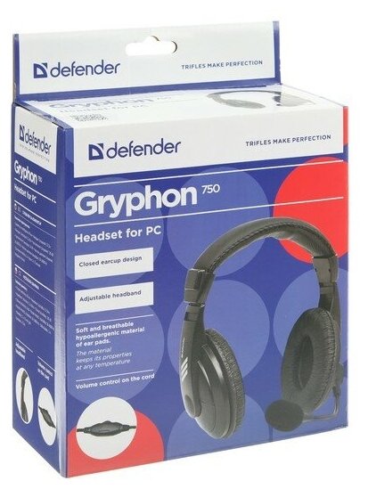 Наушники Defender Gryphon HN-750, компьютерные, микрофон, 105 дБ, 32 Ом, 3.5 мм, 2 м, чёрные