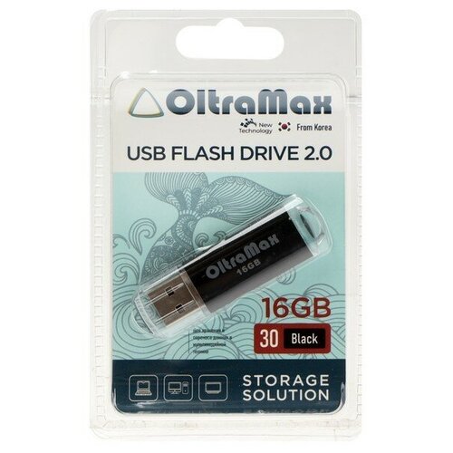 Флешка OltraMax 30, 16 Гб, USB2.0, чт до 15 Мб/с, зап до 8 Мб/с, чёрная флешка oltramax 30 64 гб usb2 0 чт до 15 мб с зап до 8 мб с чёрная