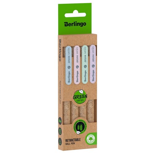Ручка шариковая автоматическая Berlingo Green Series 0.7мм, синий цвет чернил) 4шт, крафт-футляр (CBm_70236_4)