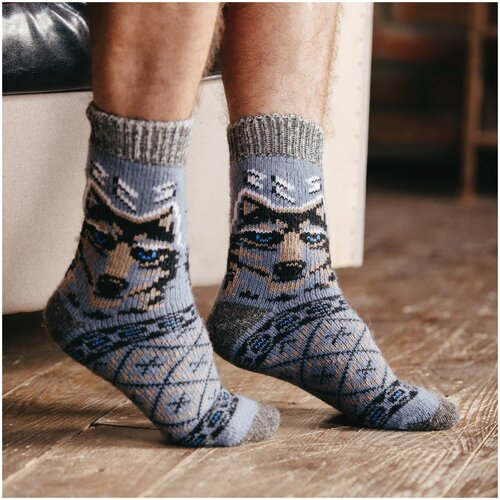 фото Мужские носки бабушкины носки, 1 пара, классические, на новый год, воздухопроницаемые, утепленные, фантазийные, вязаные, на 23 февраля, размер 41-43, голубой, бежевый