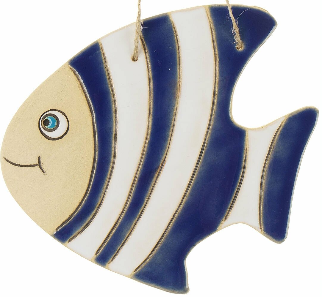 Панно Рыба полосатик синяя керамическое декоративное авторской ручной работы