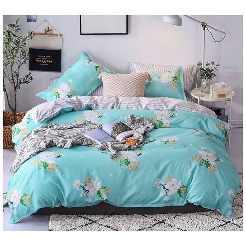 фото Комплект постельного белья grazia textile jasmine, евро, смесовая ткань, 2 наволочки 70х70, бирюзовый, цветочный, флора