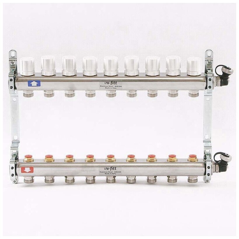 Колл. группа UNI-FITT 1"x3/4" ЕК 9 выходов с вентилями и дренажными клапанами - нерж. сталь