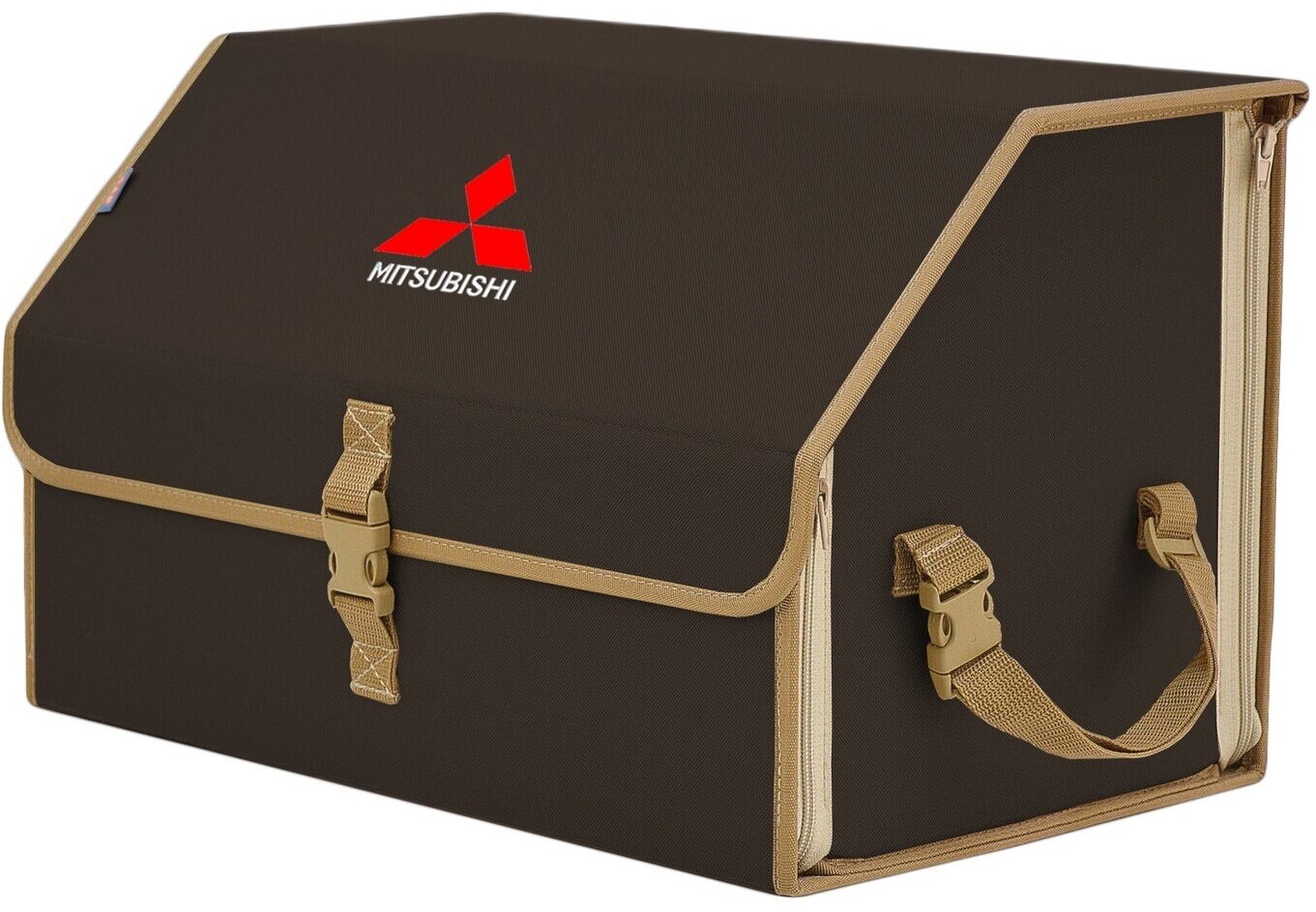 Органайзер-саквояж в багажник "Союз" (размер L). Цвет: коричневый с бежевой окантовкой и вышивкой Mitsubishi (Митсубиши).