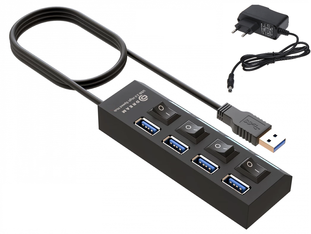 Активный разветвитель концентратор USB хаб (HUB) с кнопками вкл/выкл Dream UH2 4 порта USB 2.0 с блоком питания 2A в комплекте