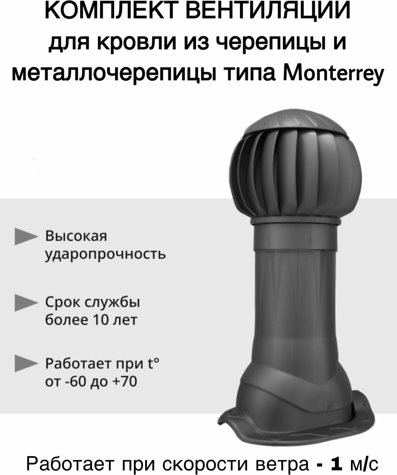 Готовый комплект вентиляции РВТ-160 (РВТ, ВВ, ПЭ) для кровли из металлочерепицы типа Monterrey, серый графит