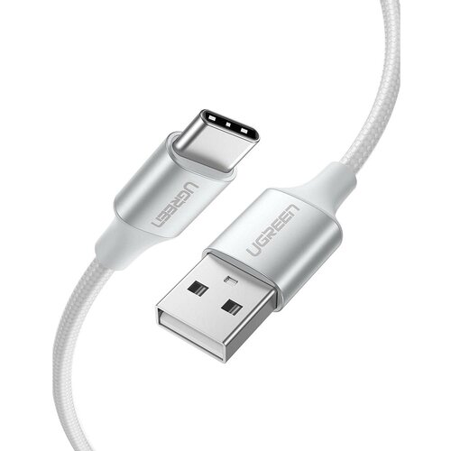 Кабель UGREEN US288 (60132) USB-A 2.0 to USB-C Cable Nickel Plating Aluminum Nylon Braid (1.5 метра) серебристый/белый