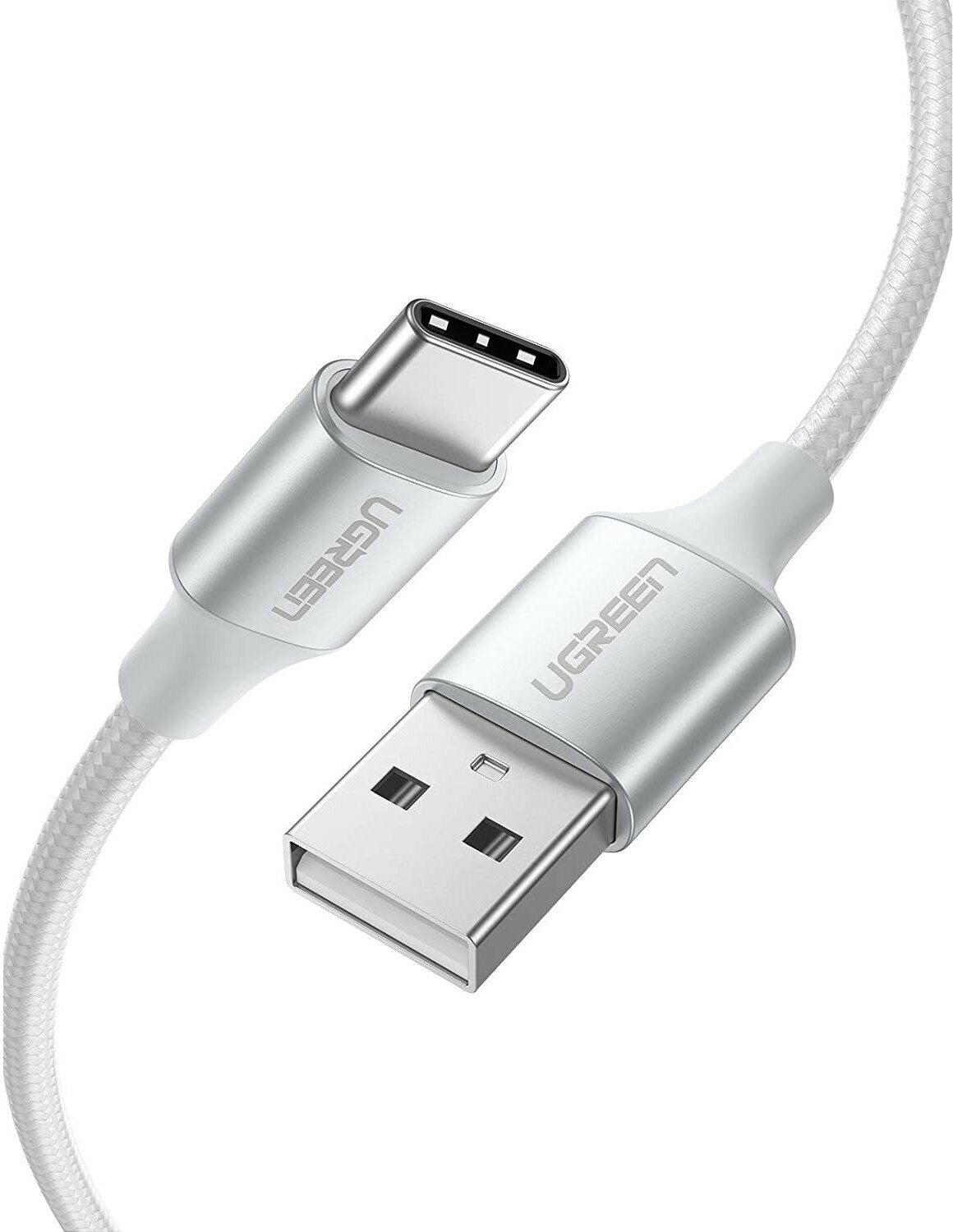 Кабель UGREEN US288 (60132) USB-A 2.0 to USB-C Cable Nickel Plating Aluminum Nylon Braid (1.5 метра) серебристый/белый