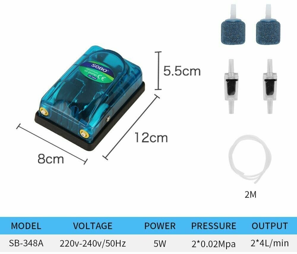 Компрессор для аквариума SB-348 - 2х4л/мин, 5 Вт двухканальный, до 200 литров