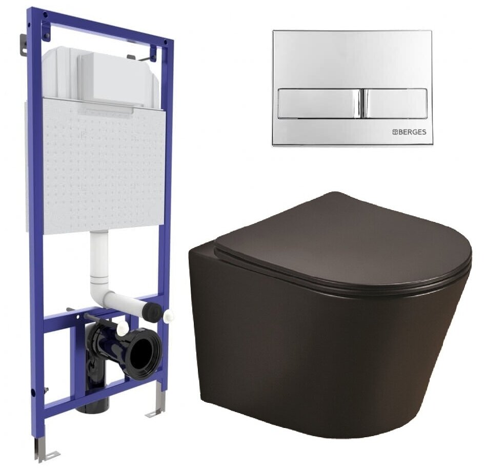 Инсталляция BERGES NOVUM L3 с кнопкой хром глянец,унитаз Azario Teramo 48 см безободковый с микролифт, черный матовый (AZ-053E-R-MB SP)