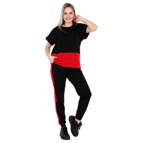 фото Костюм elena tex, футболка и брюки, повседневный стиль, оверсайз, карманы, пояс на резинке, размер 50, черный, красный