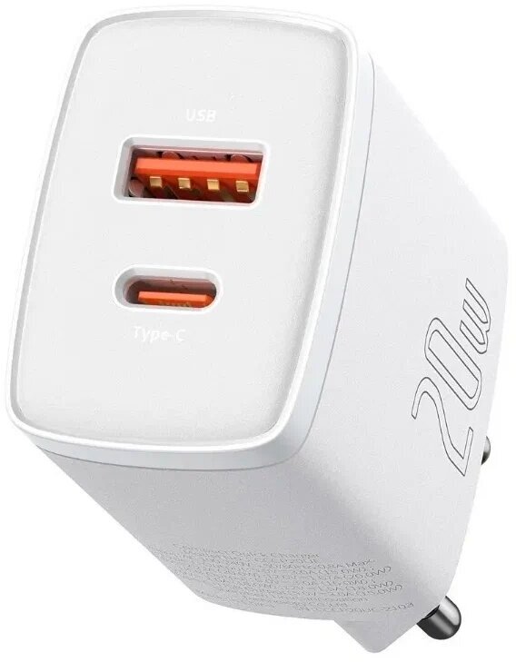 Беспроводное зарядное устройство Baseus Сетевое зарядное устройство Baseus Compact Quick Charger USB + Type-C U+C 20W EU, мощность Qi: 20 Вт, RU, белый