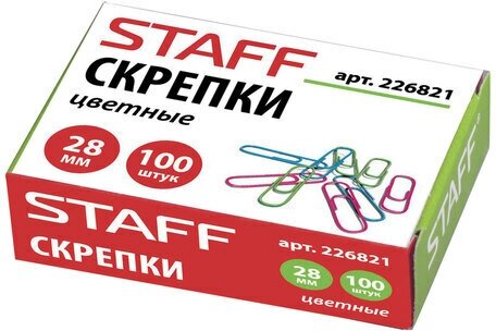 Скрепки Staff (28мм, цветные) картонная упаковка, 100шт. (226821)