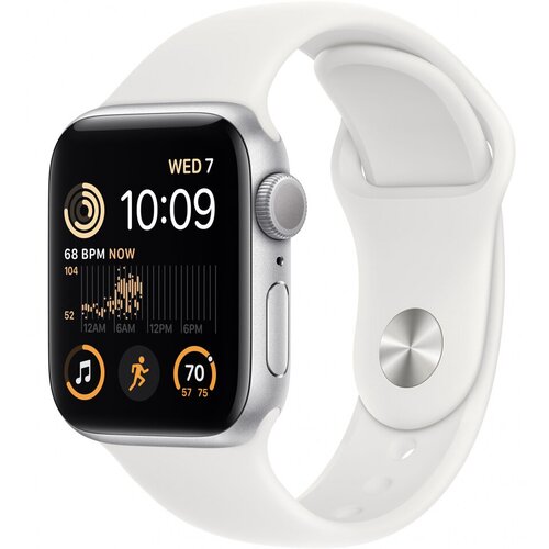 Apple Watch SE 2 Global, 40 мм, корпус из серебристого алюминия, белый спортивный ремешок