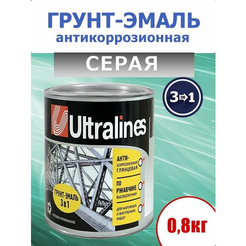 Грунт-эмаль по ржавчине, 3 в 1, глянцевая, для наружных и внутренних работ, серая, 0,8 кг.