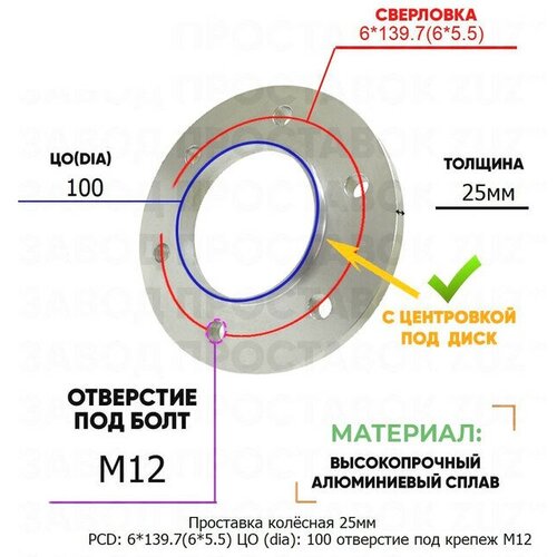 Проставка колёсная 25мм PCD: 6*139.7 ЦО (DIA): 100 с бортиком отверстие под крепёж M12 на ступицу: Ford, Great, Haval, Nissan 6x139.7