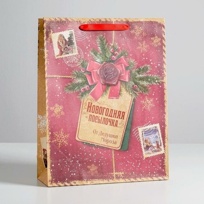 Дарите Счастье Пакет крафтовый вертикальный «Новогодняя посылочка от Дедушки Мороза», L 31 × 40 × 9 см