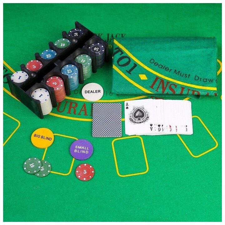 Покер, набор для игры (карты 2 колоды, фишки 200 шт.), с номиналом, 60 х 90 см 269185