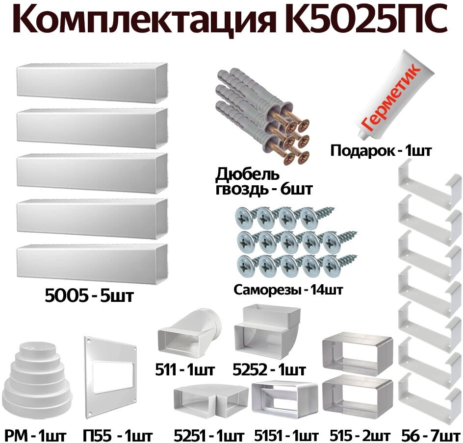 Комплект воздуховодов для кухонной вытяжки из ПВХ 55х110мм, плоские каналы, длинна 3.18м, К5025ПС - фотография № 1