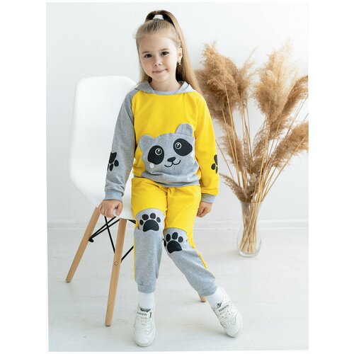 фото Костюм детский 746, утенок, размер 60(рост 110 см) лимон_меланж_панда (толстовка с капюшоном и брюки)