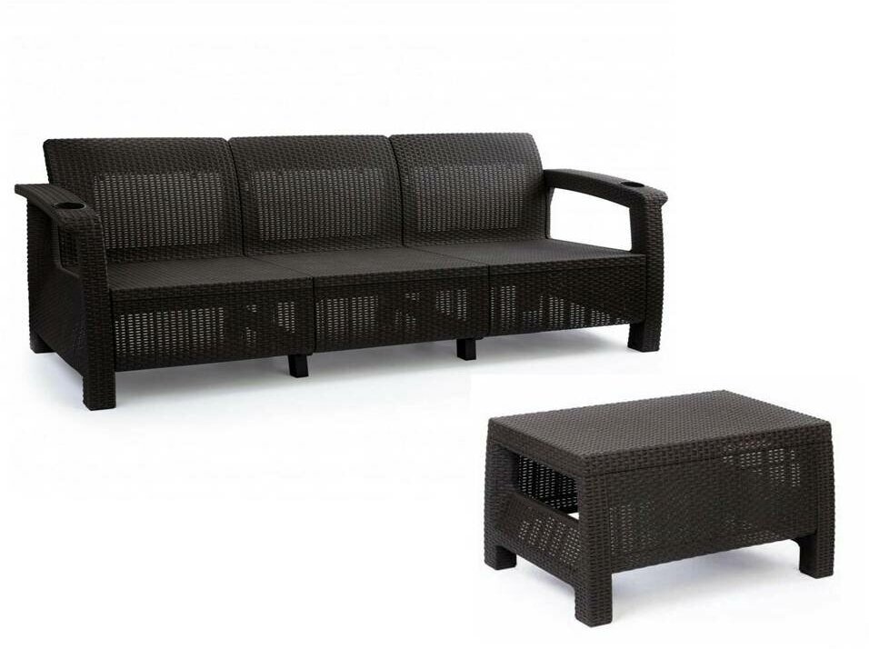 Комплект садовой мебели 3-х местный диван и журнальный столик ротанг мокко