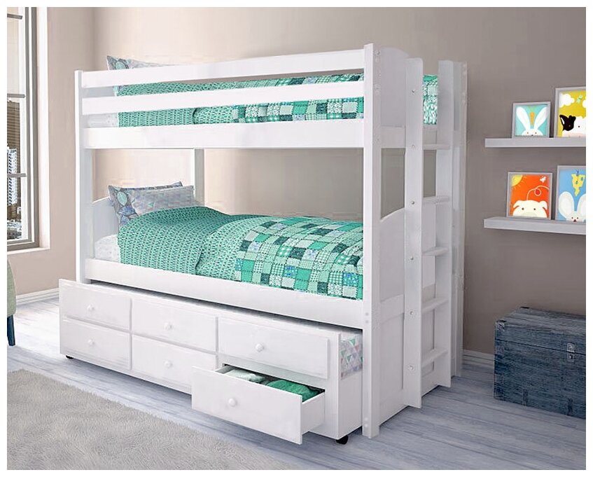 Кровать для 3-х детей с выкатным спальным местом веста 80х190 белая из массива с ящиками на направляющих (без матрасов)