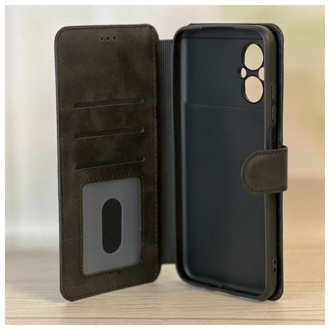 Чехол книжка для Xiaomi Poco M5 кожаный черный с магнитной застежкой / с визитницей / отделением для карт