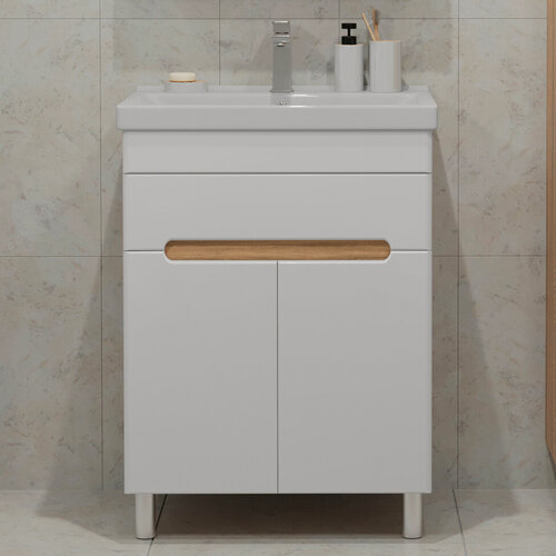 Изображение товара Тумба напольная SanStar Модена 50 с раковиной Фест 50 (комплект) для ванной комнаты, белая, дуб вотан