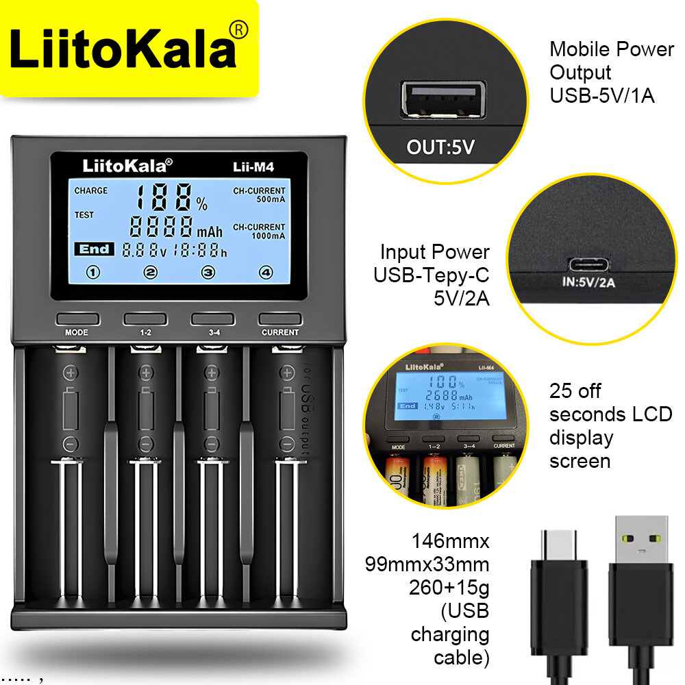 LiitoKala Lii-M4 l Подлинный Литиевое зарядное устройство тестовой емкости черный металл для фонарей различные цилиндрические литий-ионные батареи 10440 14500 16340 17355 17500 17670 18490 18650 21700 26650 22650 — фото 1