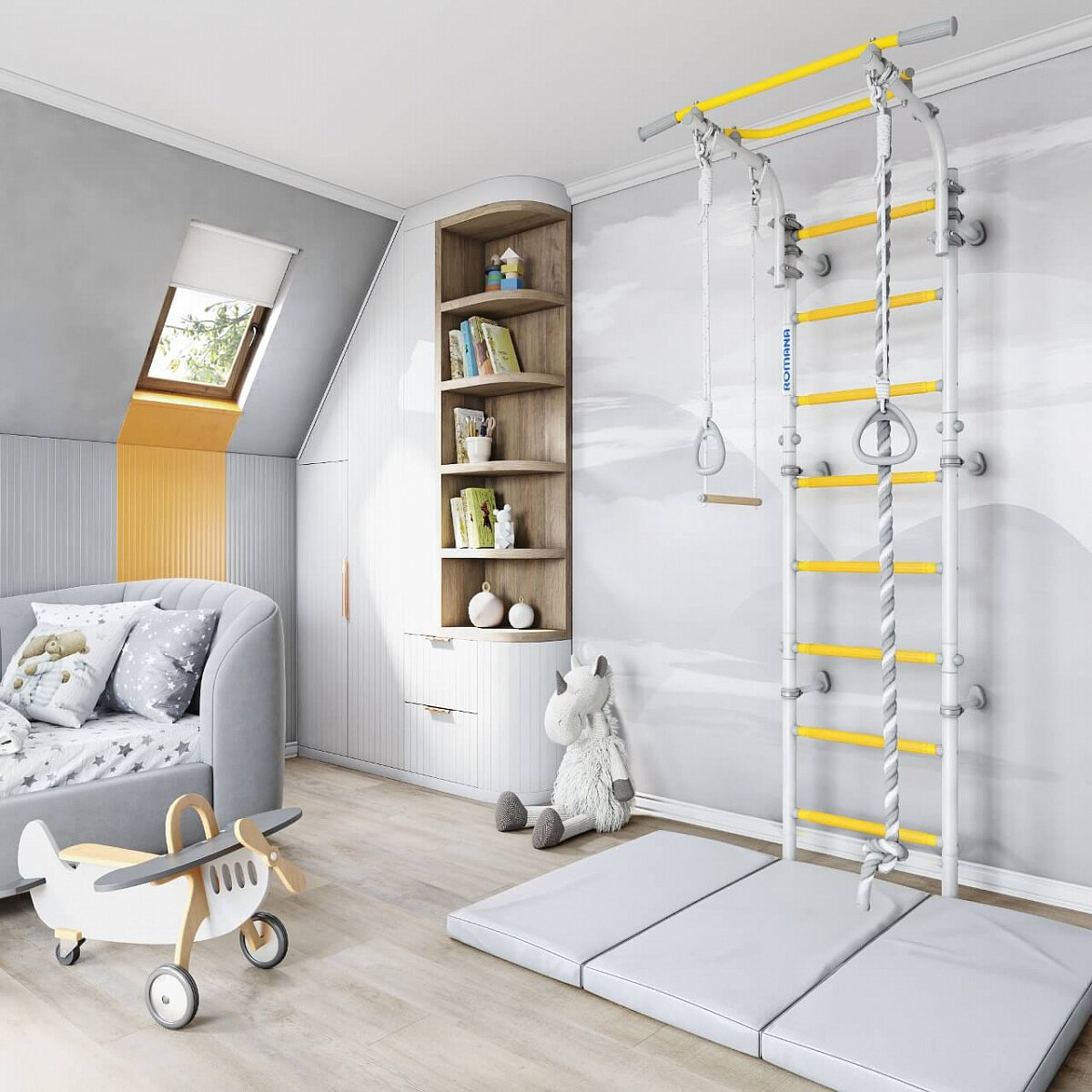 Шведская стенка канат , кольца , подвижный турник , 01.21.8.06.490.03.06-24 white, обновленный из 3 частей