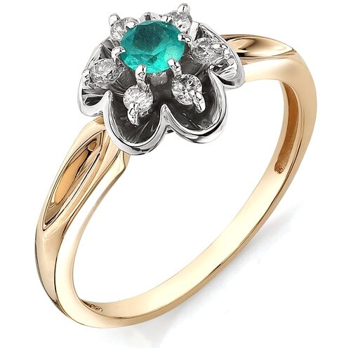 фото Алькор кольцо цветок с бриллиантами, изумрудом из красного золота 11050-101, размер 17