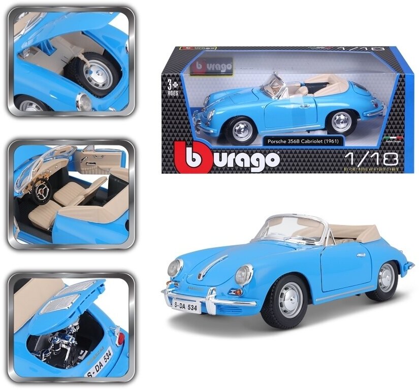 Bburago Машинка голубая "PORSCHE 356B CABRIOLET 1961 BLUE 18-12025" 1:18 - фото №14